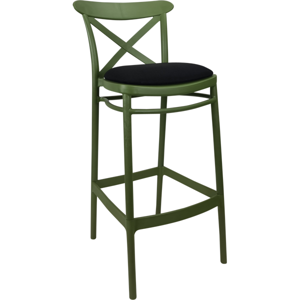 Siesta Cross Bar Stool 65cm (Counter Height) - Olive Green with Black Vinyl Cushion