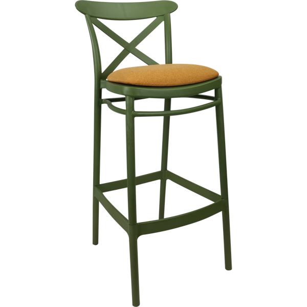 Siesta Cross Bar Stool 75cm (Dry Bar Height) - Olive Green with Orange Fabric Cushion