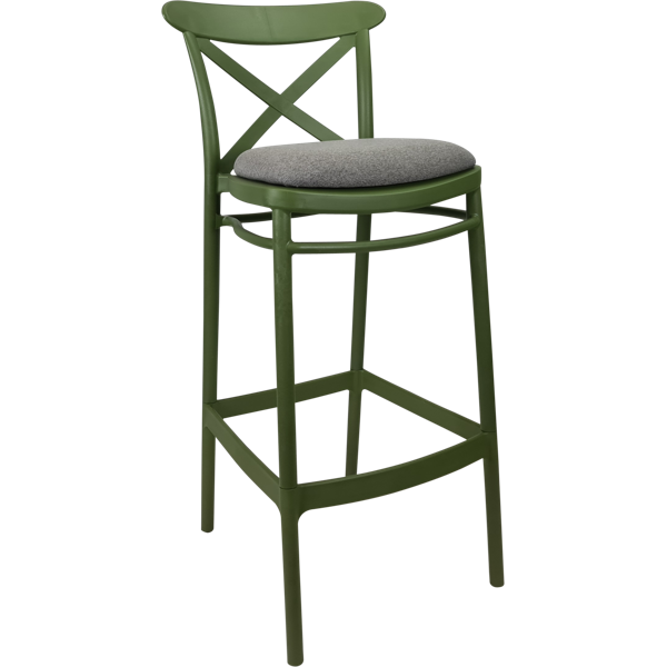 Siesta Cross Bar Stool 75cm (Dry Bar Height) - Olive Green with Taupe Fabric Cushion