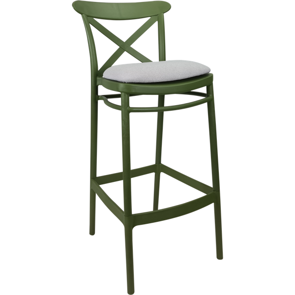 Siesta Cross Bar Stool 65cm (Counter Height) - Olive Green with Light Grey Fabric Cushion
