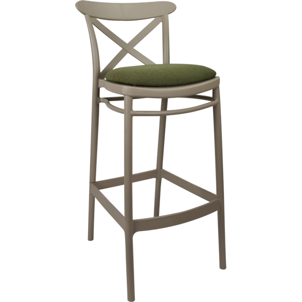 Siesta Cross Bar Stool 75cm (Dry Bar Height) - Taupe with Olive Green Fabric Cushion