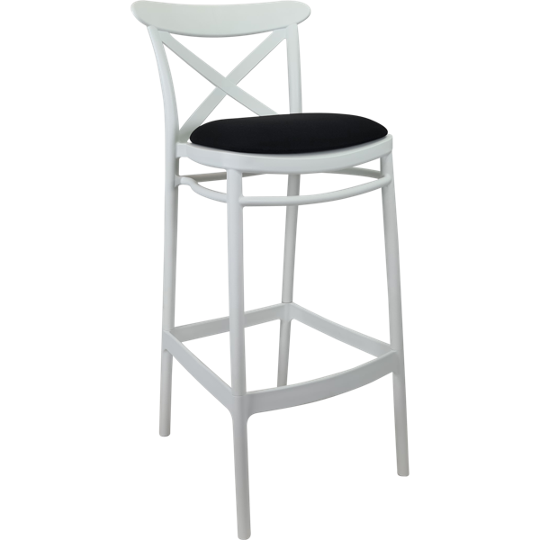 Siesta Cross Bar Stool 65cm (Counter Height) - White with Black Fabric Cushion
