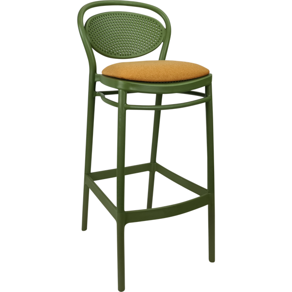 Siesta Marcel Bar Stool 75cm (Dry Bar Height) - Olive Green with Orange Fabric Cushion