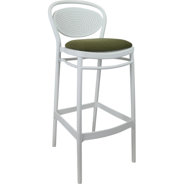 Siesta Marcel Bar Stool 65cm (Counter Height) - White with Olive Green Fabric Cushion