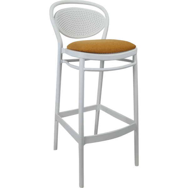 Siesta Marcel Bar Stool 65cm (Counter Height) - White with Orange Fabric Cushion