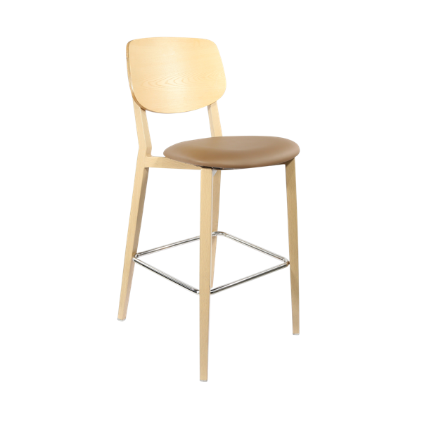 Durafurn Atlanta Barstool - large Ply Backrest - Oak Frame/Taupe Vinyl Seat & Ply Backrest